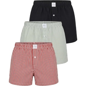 image:imageReal Essentials 3 Pack Mens Woven Cotton Poplin Lounge Shorts Sleep Casual Comfy Loose Fit Elastic Waist PJ Bottoms PocketsSolid Black  Iceberg Green Stripe  Red Ochre Stripe