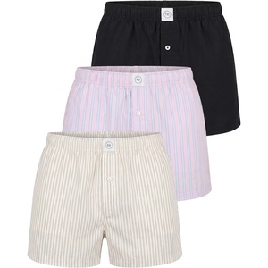 image:imageReal Essentials 3 Pack Mens Woven Cotton Poplin Lounge Shorts Sleep Casual Comfy Loose Fit Elastic Waist PJ Bottoms PocketsSolid Black  Pale Lilac Stripe  Moonbeam Stripe