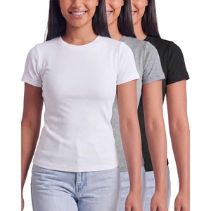 image:imageReal Essentials 3 Pack Womens Ribbed Cotton T Shirts Short Sleeve Crew Neck Soft Stretchy Tees Casual Summer Spring TopsSolid Black  Grey Heather  Solid Bright White
