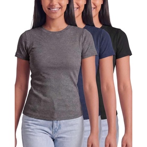 image:imageReal Essentials 3 Pack Womens Ribbed Cotton T Shirts Short Sleeve Crew Neck Soft Stretchy Tees Casual Summer Spring TopsSolid Black  Solid Navy Blazer  Charcoal Heather