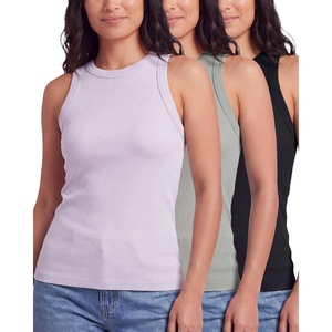 image:imageReal Essentials 3 Pack Womens Ribbed Cotton Tank Tops Sleeveless Crew Neck Stretchy Casual Summer Spring Basic Trendy TopsSolid Black  Solid Iceberg Green  Solid Orchid Petal