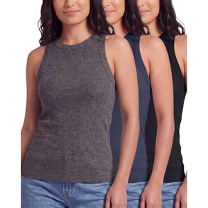 image:imageReal Essentials 3 Pack Womens Ribbed Cotton Tank Tops Sleeveless Crew Neck Stretchy Casual Summer Spring Basic Trendy TopsSolid Black  Solid Navy Blazer  Charcoal Heather