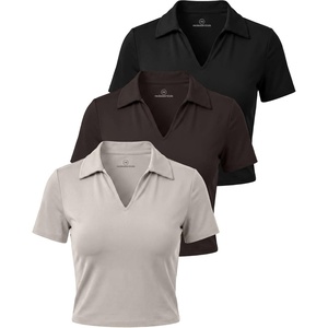 image:imageReal Essentials 3 Pack Womens V Neck Crop Polo Shirts  Short Sleeve Sweater Dry Fit Golf Athletic Workout Collared TopsSolid Black  Solid Chocolate Torte  Solid Moonbeam