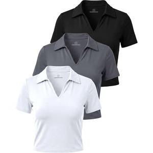 image:imageReal Essentials 3 Pack Womens V Neck Crop Polo Shirts  Short Sleeve Sweater Dry Fit Golf Athletic Workout Collared TopsSolid Black  Solid Quiet Shade  Solid Bright White