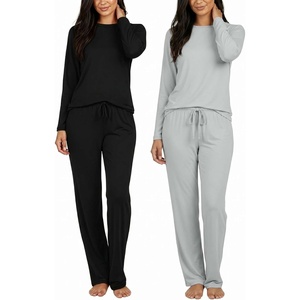 image:imageReal Essentials 2 Pack Womens Long Sleeve Pajama Sets  Soft Comfy 2 Piece PJ Set Matching Ladies Sleepwear Plus SizeSet M Black  Dawn Blue