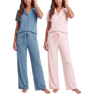 image:imageReal Essentials Ladies SS Notch Collar Button Up and Open Bottom Pant SetFestival Bloom Hearts  Magano Calcite Stripe