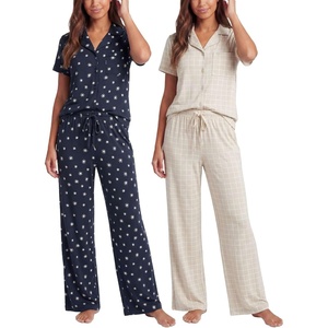 image:imageReal Essentials Ladies SS Notch Collar Button Up and Open Bottom Pant SetNavy Blazer Stars  Moonbeam Check