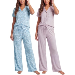 image:imageReal Essentials Ladies SS Notch Collar Button Up and Open Bottom Pant SetSoft Chambray Flowers  Orchid Petal Stripe