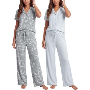 image:imageReal Essentials Ladies SS Notch Collar Button Up and Open Bottom Pant SetVapor Blue Dots  Clear Sky Stripe