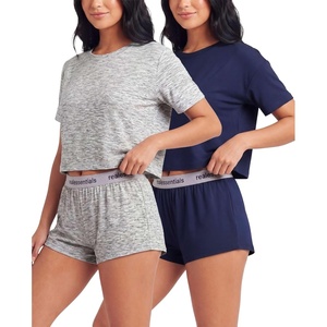 image:imageReal Essentials Ladies SS Yummy Boxy Tee and Elastic Band Sleep Short SetSolid Navy Blazer  Grey Heather