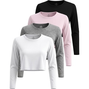 image:imageReal Essentials 4 Pack Womens Cotton Long Sleeve Crew Crop Top  Casual Cropped TShirt Available in Plus SizeSet 10