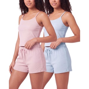 image:imageReal Essentials 2 Pack Womens Ribbed Cropped Cami and Short Set Pajama Sleep Lounge Sleepwear PJ Soft Drawstring ShortsSolid Ballad Blue  Solid Pale Lilac