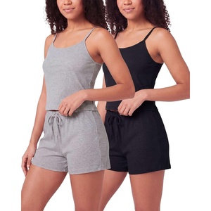 image:imageReal Essentials 2 Pack Womens Ribbed Cropped Cami and Short Set Pajama Sleep Lounge Sleepwear PJ Soft Drawstring ShortsSolid Black  Grey Heather