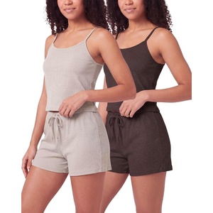 image:imageReal Essentials 2 Pack Womens Ribbed Cropped Cami and Short Set Pajama Sleep Lounge Sleepwear PJ Soft Drawstring ShortsSolid Chocolate Torte  Solid Moonbeam
