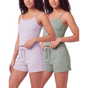 image:imageReal Essentials 2 Pack Womens Ribbed Cropped Cami and Short Set Pajama Sleep Lounge Sleepwear PJ Soft Drawstring ShortsSolid Iceberg Green  Solid Orchid Petal