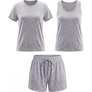 image:imageReal Essentials Womens 3 Piece Pajama Set Crew Tee Tank Top Sleep Shorts Short Sleeve Lounge Sleepwear PJ Soft Yummy ComfyGrey Heather