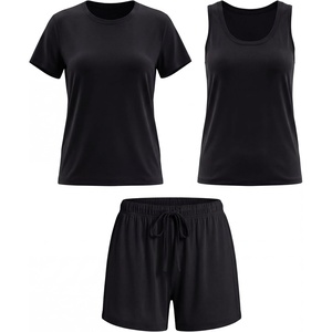 image:imageReal Essentials Womens 3 Piece Pajama Set Crew Tee Tank Top Sleep Shorts Short Sleeve Lounge Sleepwear PJ Soft Yummy ComfySolid Black