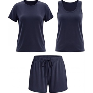 image:imageReal Essentials Womens 3 Piece Pajama Set Crew Tee Tank Top Sleep Shorts Short Sleeve Lounge Sleepwear PJ Soft Yummy ComfySolid Navy Blazer