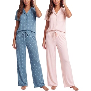 image:imageReal Essentials 2 Pack Womens Button Up Pajama Sets Short Sleeve Notch Collar Lounge Sleep PJ Open Bottom Pants Button DownFestival Bloom Hearts  Magano Calcite Stripe