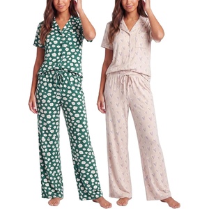 image:imageReal Essentials 2 Pack Womens Button Up Pajama Sets Short Sleeve Notch Collar Lounge Sleep PJ Open Bottom Pants Button DownMistletoe Flowers  Carinaria Hearts
