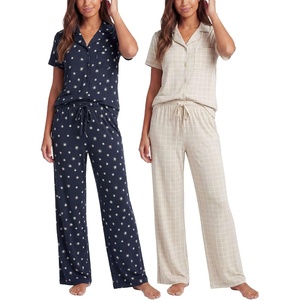 image:imageReal Essentials 2 Pack Womens Button Up Pajama Sets Short Sleeve Notch Collar Lounge Sleep PJ Open Bottom Pants Button DownNavy Blazer Stars  Moonbeam Check