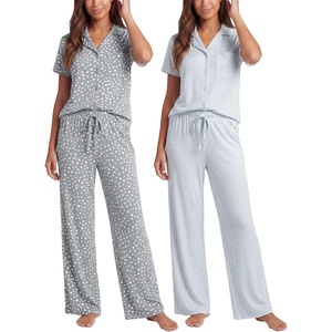 image:imageReal Essentials 2 Pack Womens Button Up Pajama Sets Short Sleeve Notch Collar Lounge Sleep PJ Open Bottom Pants Button DownVapor Blue Dots  Clear Sky Stripe