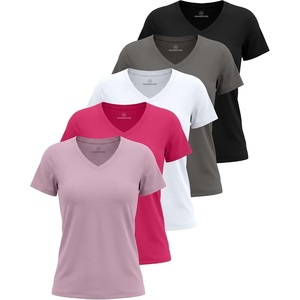 image:imageReal Essentials 5 Pack Womens Short Sleeve VNeck TShirt Athletic Workout Work Casual and Spring TopsSolid Black  Charcoal  Solid Bright White  Solid Raspberry Sorbet  Solid Fragrant Lilac