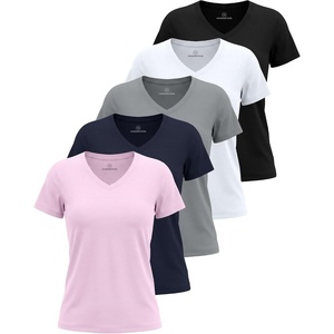 image:imageReal Essentials 5 Pack Womens Short Sleeve VNeck TShirt Athletic Workout Work Casual and Spring TopsSolid Black  Solid Bright White  Solid Ultimate Grey  Navy Blazer  Solid Festival Bloom