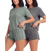 image:imageReal Essentials 2 Pack Womens 2 Piece Pajama Set Boxy Tee Elastic Waist Sleep Shorts Short Sleeve Lounge Sleepwear PJ YummyCharcoal Heather  Solid Iceberg Green