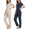 image:imageReal Essentials 2 Pack Womens Pajama Sets Short Sleeve Crew Neck Top and Pants Soft Yummy Cute Summer Pjs for WomenNavy Blazer Stars  Moonbeam Check