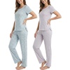 image:imageReal Essentials 2 Pack Womens Pajama Sets Short Sleeve Crew Neck Top and Pants Soft Yummy Cute Summer Pjs for WomenSoft Chambray Flowers  Orchid Petal Stripe