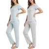 image:imageReal Essentials 2 Pack Womens Pajama Sets Short Sleeve Crew Neck Top and Pants Soft Yummy Cute Summer Pjs for WomenVapor Blue Dots  Clear Sky Stripe