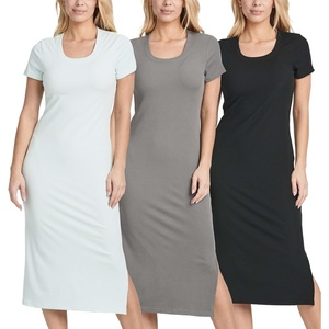 image:image3 Pack Womens Casual Midi Dresses Scoop Neck Ribbed Knit with Side Slit  Casual Work Summer Beach Vacation Everyday Wear Stretch Dress Sleeves Jersey Maxi Soft amp LightweightSet 5