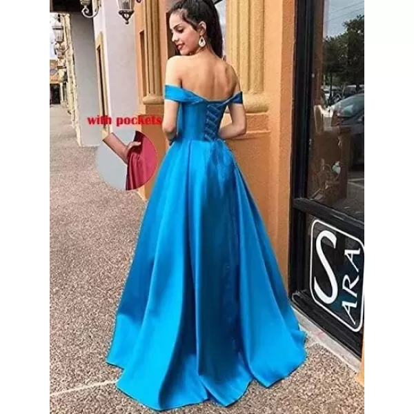 Youjiayi Off Shoulder Prom Dresses with Slit Long Satin Formal Dresses for Women Sweetheart Pleated Evening Gowns YJY86Peacock