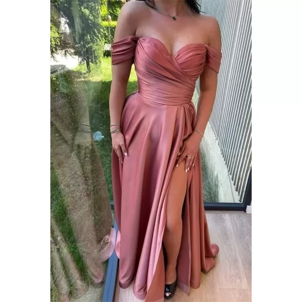 Youjiayi Off Shoulder Prom Dresses with Slit Long Satin Formal Dresses for Women Sweetheart Pleated Evening Gowns YJY86Sky Blue