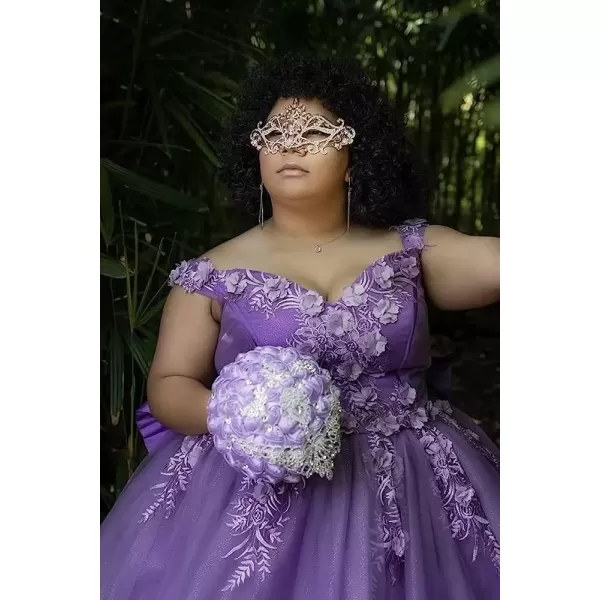 Youjiayi Off Shoulder Quinceanera Dresses Ball Gown 3D Floral Sweet 15 16 Dresses Puffy Prom Dresses with Train YJY77Dusty Purple