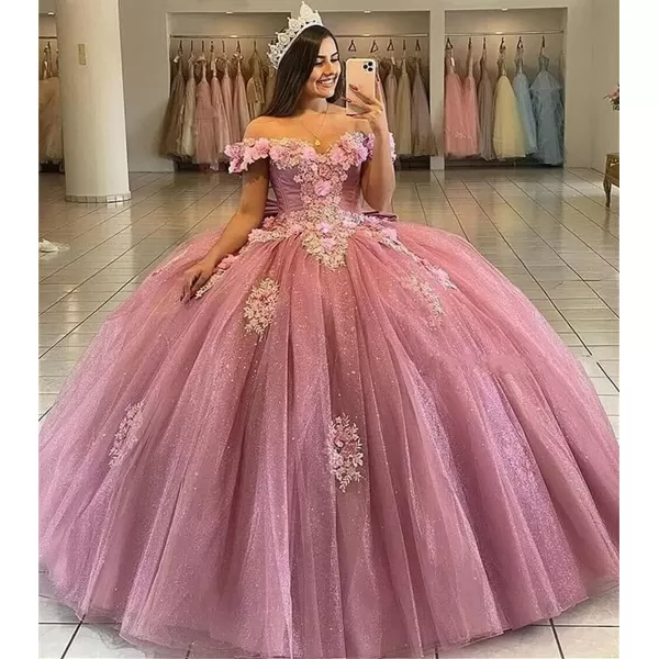 Youjiayi Off Shoulder Quinceanera Dresses Ball Gown 3D Floral Sweet 15 16 Dresses Puffy Prom Dresses with Train YJY77Dusty Rose