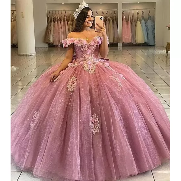 Youjiayi Off Shoulder Quinceanera Dresses Ball Gown 3D Floral Sweet 15 16 Dresses Puffy Prom Dresses with Train YJY77Peacock