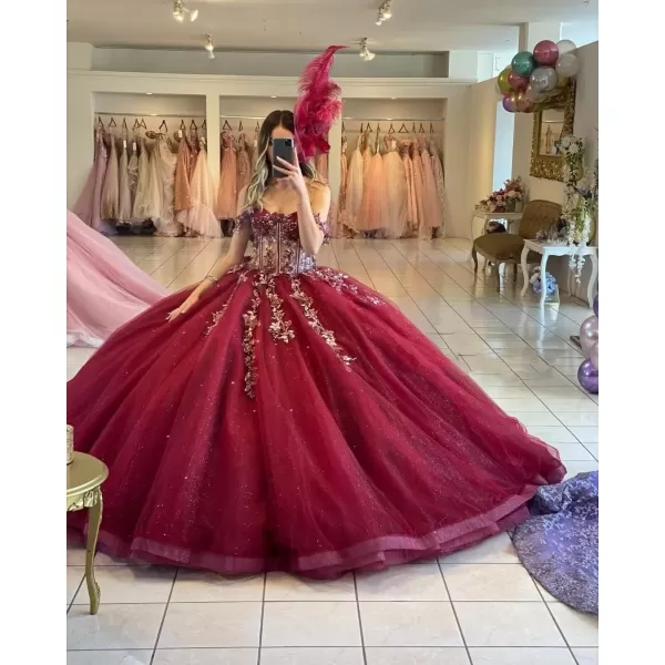 Youjiayi Off Shoulder Quinceanera Dresses Ball Gown 3D Floral Sweet 16 Dresses Luxury Tulle Prom Dresses LongPeacock