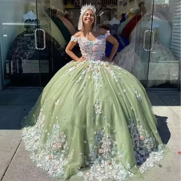 Youjiayi Off Shoulder Quinceanera Dresses Ball Gown Puffy Tulle Sweet 16 Dresses 3D Floral Prom Dresses with Train YJY88Grape