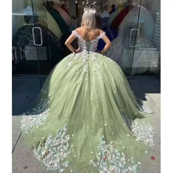 Youjiayi Off Shoulder Quinceanera Dresses Ball Gown Puffy Tulle Sweet 16 Dresses 3D Floral Prom Dresses with Train YJY88Grape