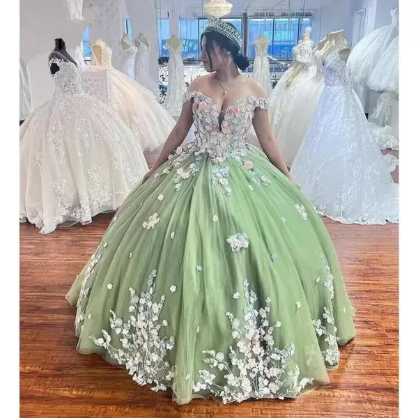 Youjiayi Off Shoulder Quinceanera Dresses Ball Gown Puffy Tulle Sweet 16 Dresses 3D Floral Prom Dresses with Train YJY88Pink
