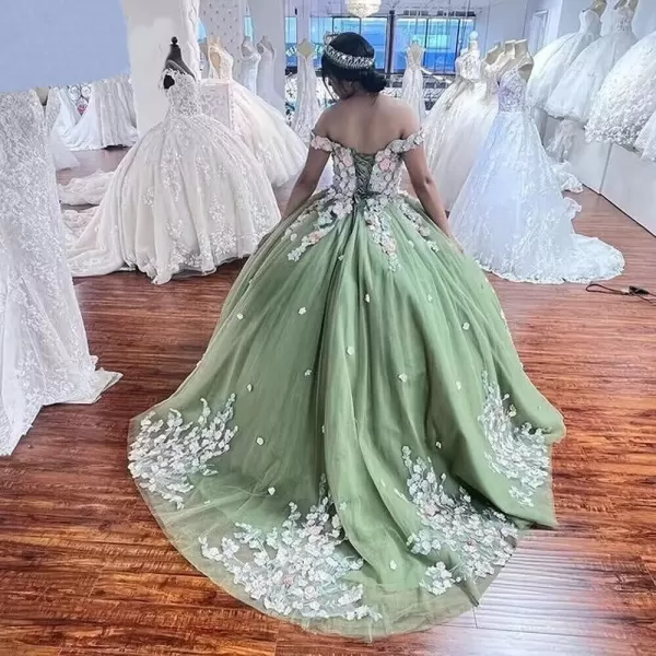 Youjiayi Off Shoulder Quinceanera Dresses Ball Gown Puffy Tulle Sweet 16 Dresses 3D Floral Prom Dresses with Train YJY88White