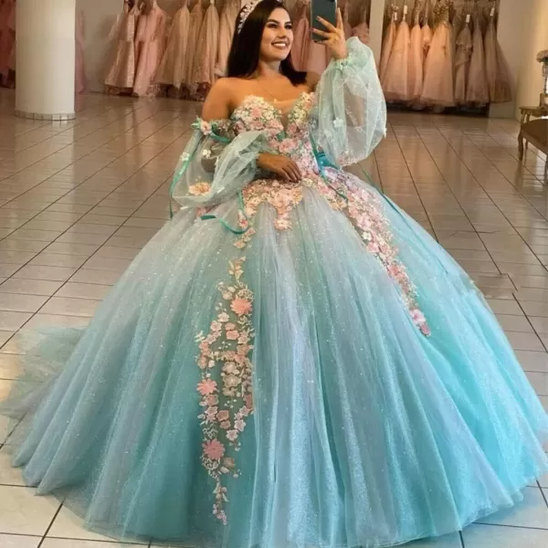 Youjiayi Puffy Sleeve Quinceanera Dresses Ball Gown 3D Floral Sweet 15 16 Dresses Off Shoulder Prom Dresses with TrainDusty Rose