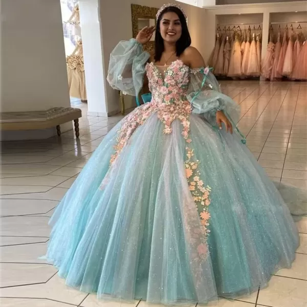Youjiayi Puffy Sleeve Quinceanera Dresses Ball Gown 3D Floral Sweet 15 16 Dresses Off Shoulder Prom Dresses with TrainRed
