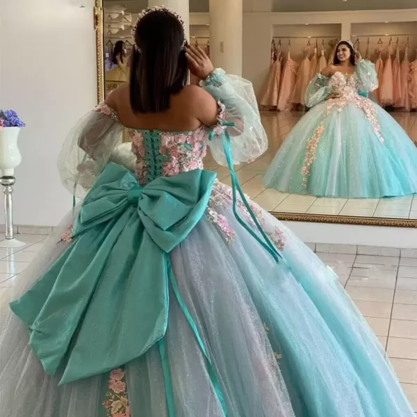 Youjiayi Puffy Sleeve Quinceanera Dresses Ball Gown 3D Floral Sweet 15 16 Dresses Off Shoulder Prom Dresses with TrainTeal
