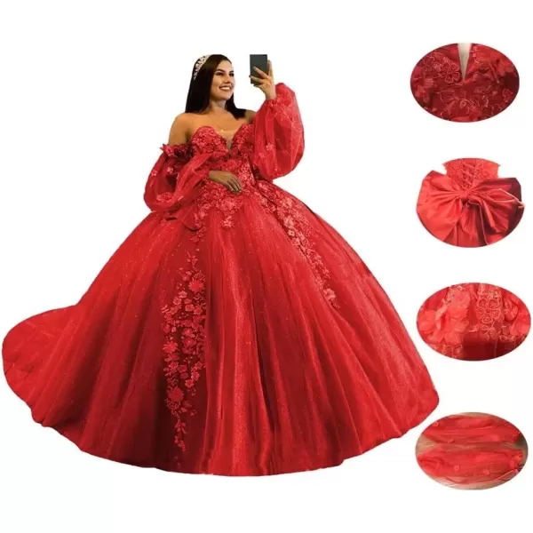 Youjiayi Puffy Sleeve Quinceanera Dresses Ball Gown 3D Floral Sweet 15 16 Dresses Off Shoulder Prom Dresses with TrainWisteria