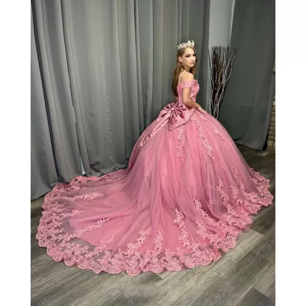 Youjiayi Womens Off Shoulder Quinceanera Dresses Ball Gown Long Tulle Bow 2022 Lace Ball Gowns for Sweet 15 16Dusty Pink