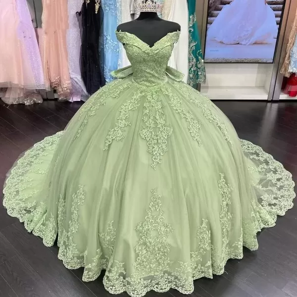 Youjiayi Womens Off Shoulder Quinceanera Dresses Ball Gown Long Tulle Bow 2022 Lace Ball Gowns for Sweet 15 16Mint