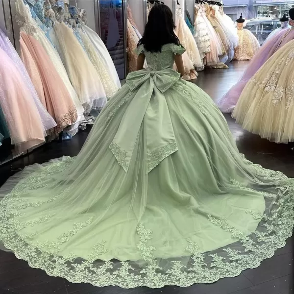 Youjiayi Womens Off Shoulder Quinceanera Dresses Ball Gown Long Tulle Bow 2022 Lace Ball Gowns for Sweet 15 16Wisteria